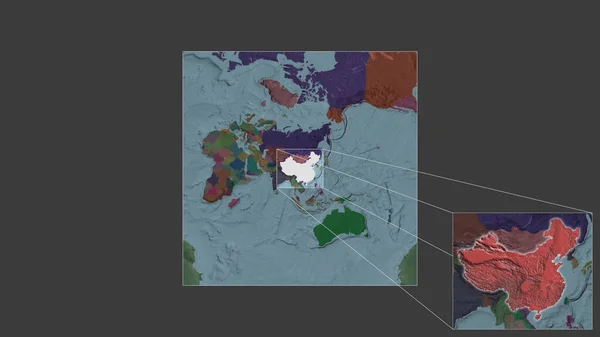 从世界大比例尺地图中提取出的中国扩大和扩大的区域 其导线连接了框架的各个角落 行政区划的彩色地图 — 图库照片