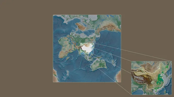 확장되고 중국의 지역은 세계의 지도에서 프레임의 모서리를 연결하는 선으로 추출되었다 — 스톡 사진