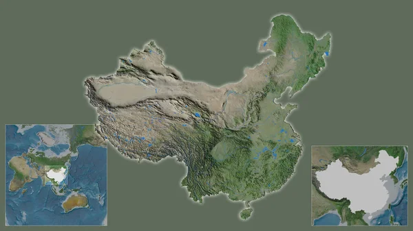 中国的近景及其在该地区的位置 以及在大比例尺世界地图中心的位置 卫星图像 — 图库照片