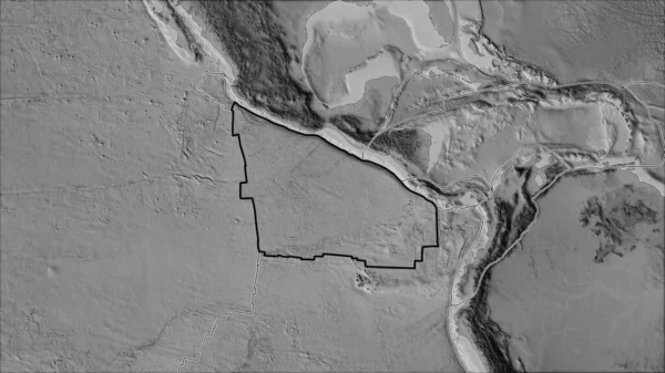 Van der Grinten I projeksiyonundaki (eğik dönüşüm) gri tonlu haritada Cocos tektonik plakası ve bitişik plakaların sınırları)