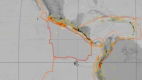 Kokosová Tektonická Deska Nastíněná Globální Výškové Mapě Stupních Šedi Projekci — Stock fotografie