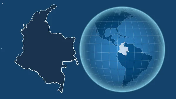 Колумбія Глобус Формі Країни Проти Збільшеної Карти Контуром Ізольованим Синьому — стокове фото