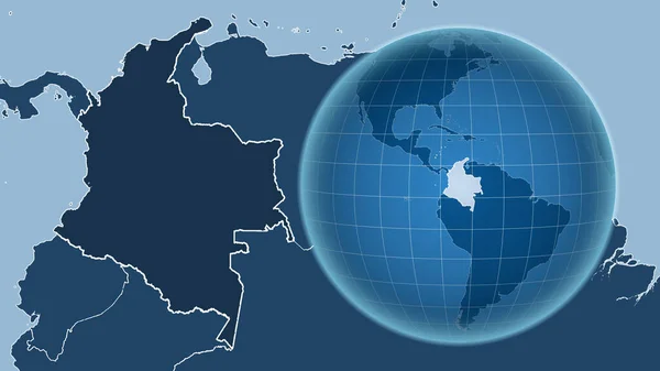 Kolumbie Globe Tvarem Země Proti Zvětšené Mapě Jeho Obrysem Pouze — Stock fotografie