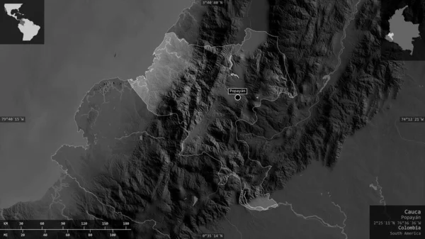 Каука Департамент Колумбии Карта Масштабе Grayscaled Лаками Риверами Форма Представленная — стоковое фото