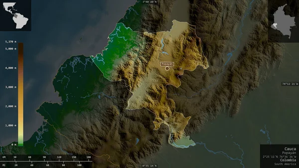 Cauca Departamento Colombia Datos Sombreado Colores Con Lagos Ríos Forma — Foto de Stock