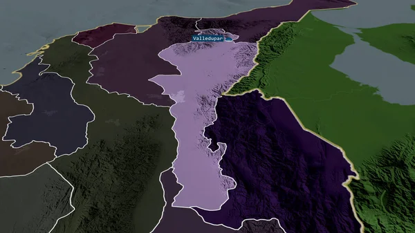 Cesar - department of Colombia zoomed and highlighted with capital. Colored and bumped map of the administrative division. 3D rendering