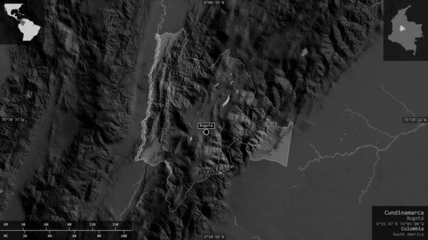 Кундинамарка Департамент Колумбии Карта Масштабе Grayscaled Лаками Риверами Форма Представленная — стоковое фото