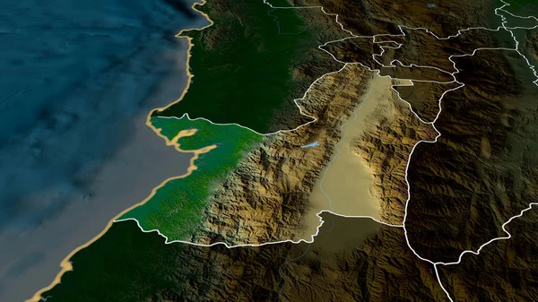 Valle del Cauca - Kolombiya Departmanı yakınlaştırıldı ve altı çizildi. Ana fiziksel manzara özellikleri. 3B görüntüleme