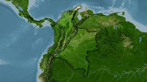 卫星B地图上立体投影中的哥伦比亚地区 带有暗发光轮廓的光栅层的原始成分 — 图库照片