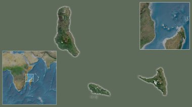 Comoros 'a ve bölgedeki konumuna ve geniş çaplı bir dünya haritasının merkezine yakın çekim. Uydu görüntüleri