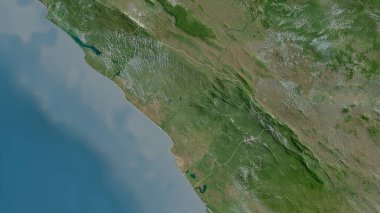 Kouilou, Kongo Cumhuriyeti bölgesi. Uydu görüntüleri. Ülke alanına göre şekillendirilmiş. 3B görüntüleme