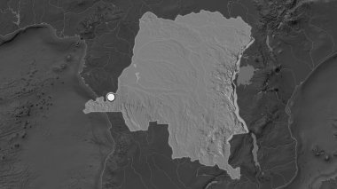 Kongo Kinşasa 'nın vurgulanmış bölgesi. Mahallesinin doyumsuz haritasında sermaye noktası var. Çift seviyeli yükseklik haritası