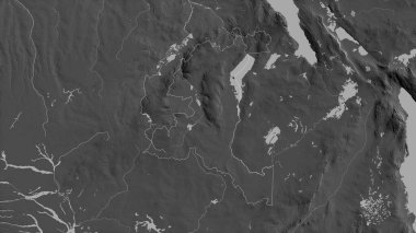 Haut-Katanga, Demokratik Kongo Cumhuriyeti eyaleti. Gölleri ve nehirleri olan gri tonlu bir harita. Ülke alanına göre şekillendirilmiş. 3B görüntüleme