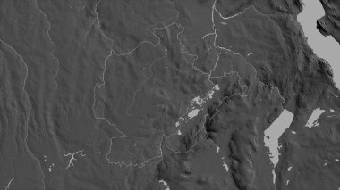 Haut-Lomami, Demokratik Kongo Cumhuriyeti eyaleti. Gölleri ve nehirleri olan gri tonlu bir harita. Ülke alanına göre şekillendirilmiş. 3B görüntüleme