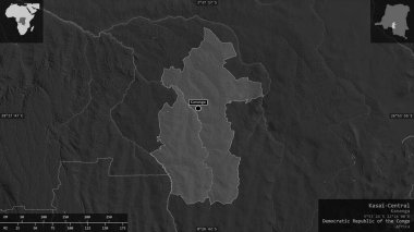 Kasai-Central, Demokratik Kongo Cumhuriyeti. Gölleri ve nehirleri olan gri tonlu bir harita. Ülke alanına karşı bilgilendirici örtülerle sunulan şekil. 3B görüntüleme