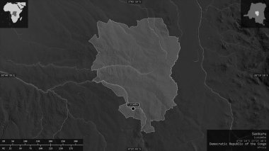 Sankuru, Demokratik Kongo Cumhuriyeti ili. Gölleri ve nehirleri olan gri tonlu bir harita. Ülke alanına karşı bilgilendirici örtülerle sunulan şekil. 3B görüntüleme