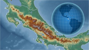 Kosta Rika. Zoom haritasına karşı ülkenin şekline sahip bir dünya. topografik yardım haritası