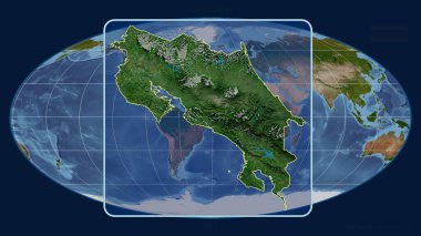 Kosta Rika 'nın Mollweide projeksiyonundaki küresel haritaya karşı perspektif çizgileriyle yakınlaştırılmış hali. Şekil merkezli. uydu resimleri