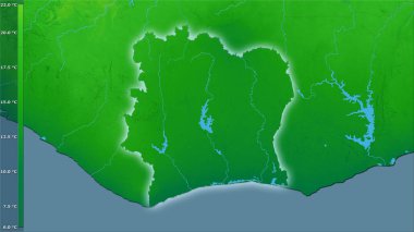 Efsanevi stereografik projeksiyondaki Cote dIvoire alanındaki ortalama yıllık sıcaklık değişkeni - ışığın parladığı ana hatlı raster katmanlarının ham bileşimi