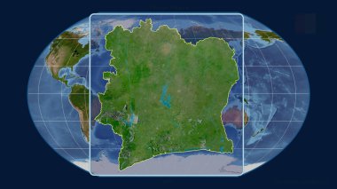 Kavrayskiy projeksiyonundaki küresel haritaya karşı perspektif çizgileriyle Fildişi Sahili 'nin ana hatlarını yakınlaştırdım. Şekil merkezli. uydu resimleri
