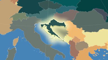 Hırvatistan ve mahallesi. Uzak eğimli perspektif - şekil parlıyordu. idari bölümlerin renk haritası