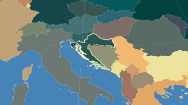 Hırvatistan ve mahallesi. Uzak eğimli perspektif - şekil çizilmiş. idari bölümlerin renk haritası