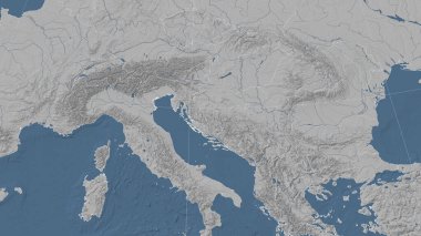 Hırvatistan ve mahallesi. Uzak eğimli perspektif - özet yok. Gri tonlama yükseklik haritası