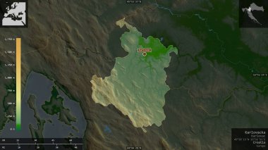 Hırvatistan 'ın Karlovacka ilçesi. Gölleri ve nehirleri olan renkli gölge verileri. Ülke alanına karşı bilgilendirici örtülerle sunulan şekil. 3B görüntüleme