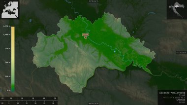 Hırvatistan 'ın Sisacko-Moslavacka ilçesi. Gölleri ve nehirleri olan renkli gölge verileri. Ülke alanına karşı bilgilendirici örtülerle sunulan şekil. 3B görüntüleme