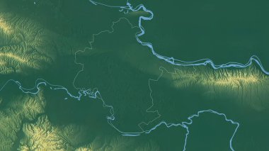 Vukovarsko-Srijemska, Hırvatistan ilçesi. Göller ve nehirlerle renkli rahatlama. Ülke alanına göre şekillendirilmiş. 3B görüntüleme