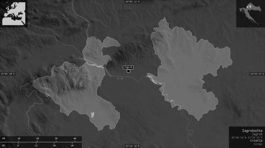 Zagrebaka, Hırvatistan ilçesi. Gölleri ve nehirleri olan gri tonlu bir harita. Ülke alanına karşı bilgilendirici örtülerle sunulan şekil. 3B görüntüleme.