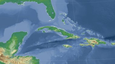 Küba ve mahallesi. Uzak eğimli perspektif - özet yok. renk fiziksel haritası