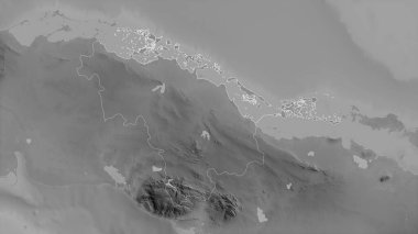Villa Clara, Küba vilayeti. Gölleri ve nehirleri olan gri tonlu bir harita. Ülke alanına göre şekillendirilmiş. 3B görüntüleme