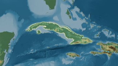 Stereografik projeksiyondaki topoğrafik yardım haritasında Küba bölgesi - ışık saçan ana hatlı raster tabakalarının ham bileşimi