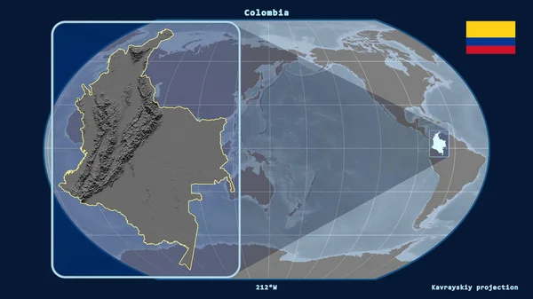 Увеличенный Вид Колумбии Перспективными Линиями Против Глобальной Карты Каврайской Проекции — стоковое фото