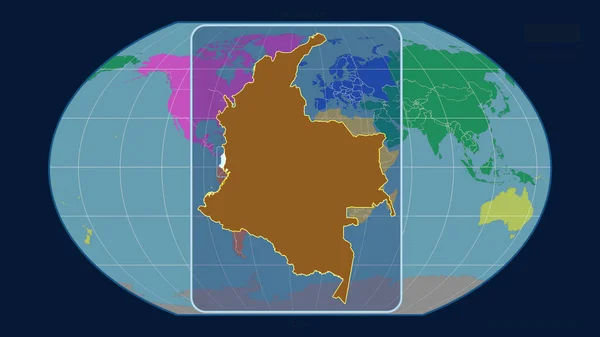 コロンビアのアウトラインを視野線で拡大し カヴァライスキー予測の世界地図に対して 形を中心に 大陸のカラーマップ — ストック写真