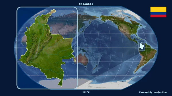 Přiblížený Pohled Kolumbii Perspektivními Liniemi Proti Globální Mapě Projekci Kavrayskiy — Stock fotografie