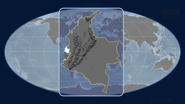 Zoomad Colombia Skissera Med Perspektiv Linjer Mot Global Karta Mollweide — Stockfoto