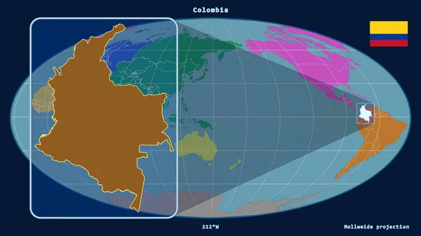 Přiblížený Pohled Kolumbii Perspektivními Liniemi Proti Globální Mapě Mollweidově Projekci — Stock fotografie