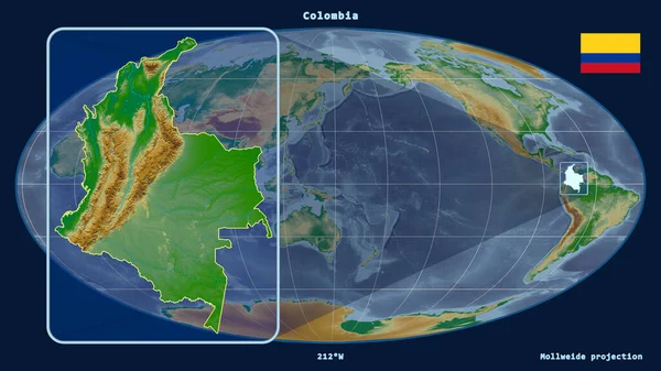 Vergrößerte Ansicht Kolumbiens Mit Perspektivischen Linien Gegen Eine Weltkarte Der — Stockfoto