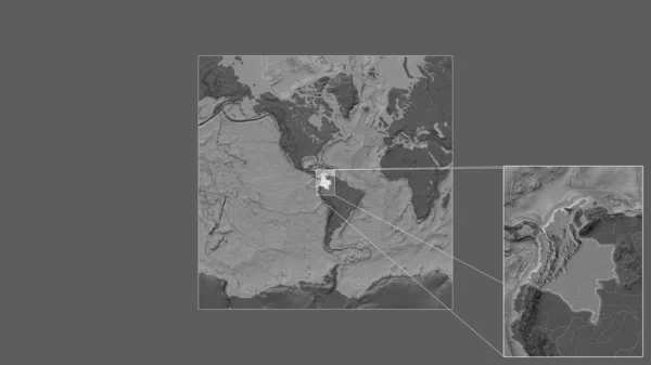 从世界大比例尺地图中提取出的哥伦比亚扩大和扩大的地区 其主要线连接了框架的各个角落 Bilevel高地图 — 图库照片