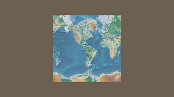 Square frame of the large-scale map of the world in an oblique Van der Grinten projection centered on the territory of Colombia. Color physical map
