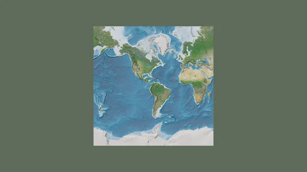 コロンビアの領土を中心に斜めのヴァン グリンテン投影で世界の大規模な地図の正方形のフレーム 衛星画像 — ストック写真