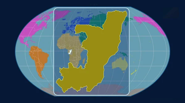 コンゴ ブラザヴィルのアウトラインを視野線で拡大し 世界地図上のカヴァライスキー投影に対する視点線を描く 形を中心に 大陸のカラーマップ — ストック写真