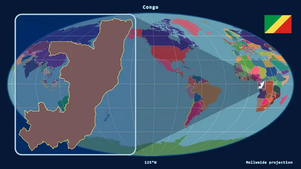 Přiblížený Pohled Kongo Brazzaville Perspektivními Liniemi Proti Globální Mapě Mollweidově — Stock fotografie