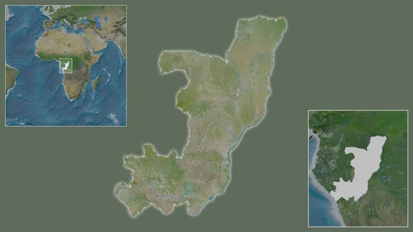 刚果布拉柴维尔的近景及其在该区域的位置 以及在大比例尺世界地图中心的位置 卫星图像 — 图库照片