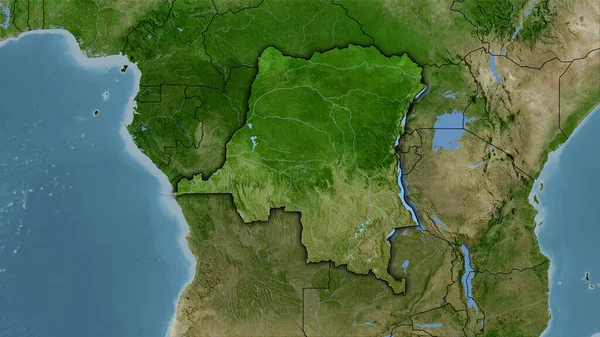 卫星B地图上的刚果金沙萨地区立体投影 具有暗发光轮廓的栅格层的原始组成 — 图库照片