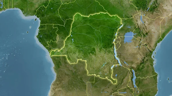 卫星B地图上的刚果金沙萨地区立体投影 具有发光轮廓的栅格层的原始组成 — 图库照片