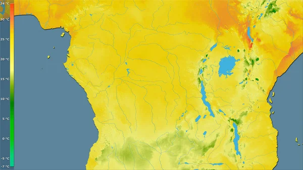 金沙萨刚果地区内带有图例的立体投影中最暖部分的平均温度 栅层的原始组成 — 图库照片