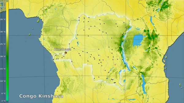 金沙萨刚果地区内带有图例的立体投影最温暖月份的最高温度 主要成分 — 图库照片